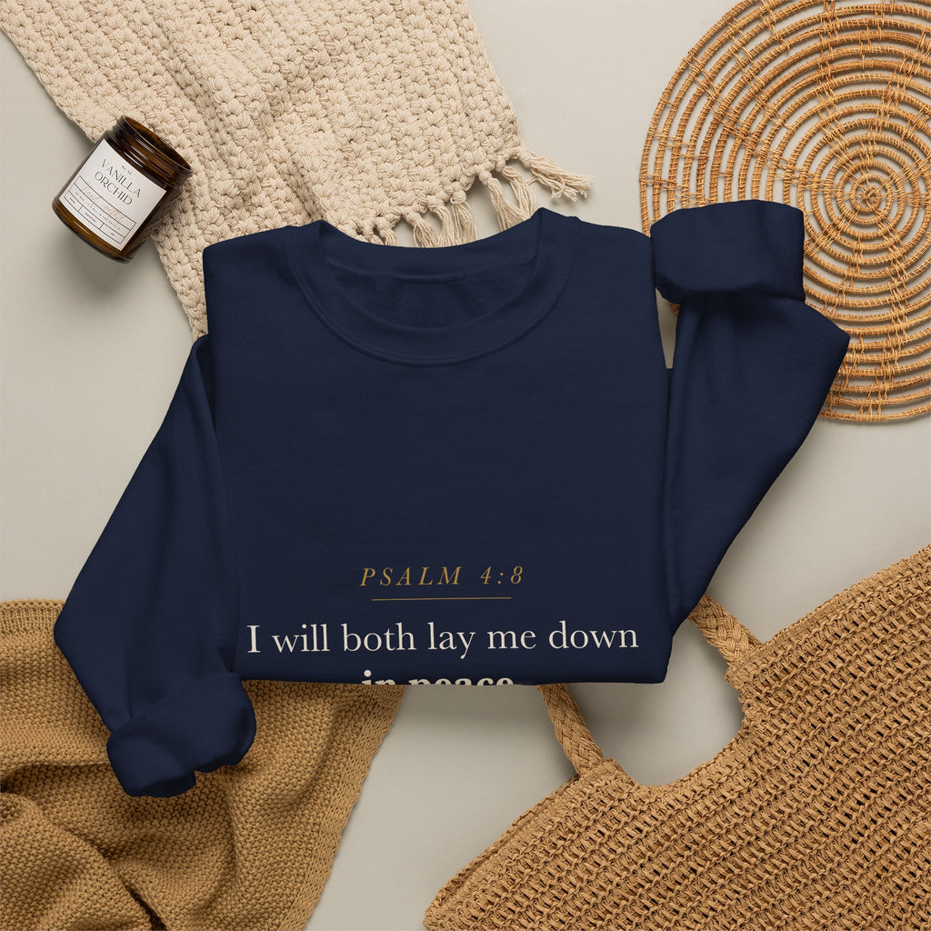 Christian Gift for Anxiety Peace and Rest — I Will Lay Me Down in Peace, Psalm 4:8 Cozy Scripture Sweatshirt