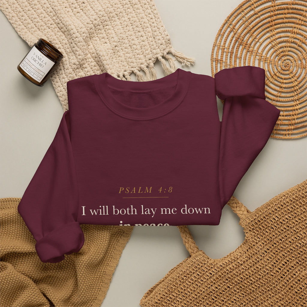 Christian Gift for Anxiety Peace and Rest — I Will Lay Me Down in Peace, Psalm 4:8 Cozy Scripture Sweatshirt