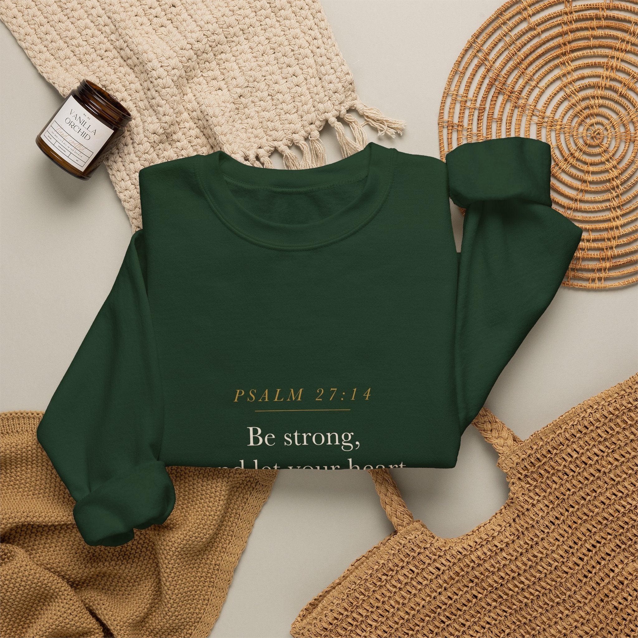 Faith Graduation Gift Sweatshirt 2026 — Be Strong and Take Courage, Psalm 27:14 Christian Grad Crewneck