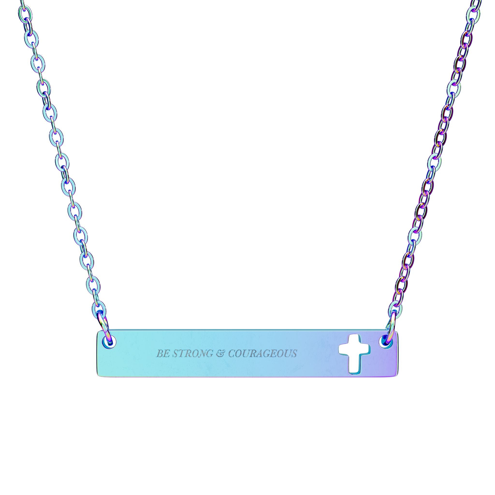 Be Strong & Courageous Cross Bar Necklace - Joshua 1:9 Christian Faith Jewelry, Engraved Stainless Steel Gift