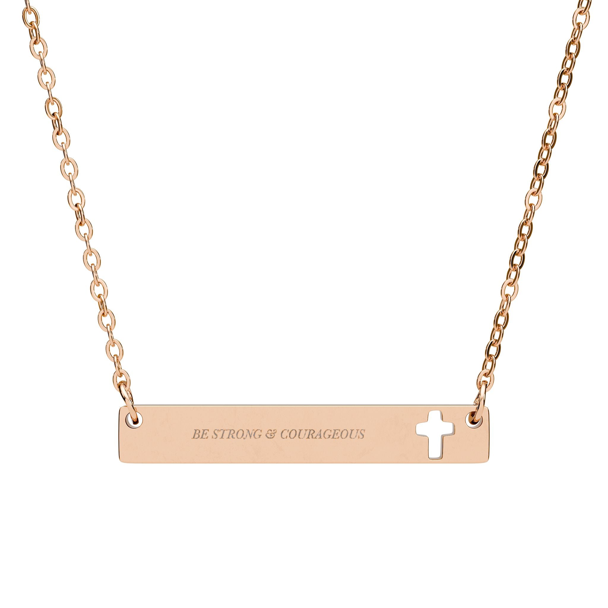 Be Strong & Courageous Cross Bar Necklace - Joshua 1:9 Christian Faith Jewelry, Engraved Stainless Steel Gift